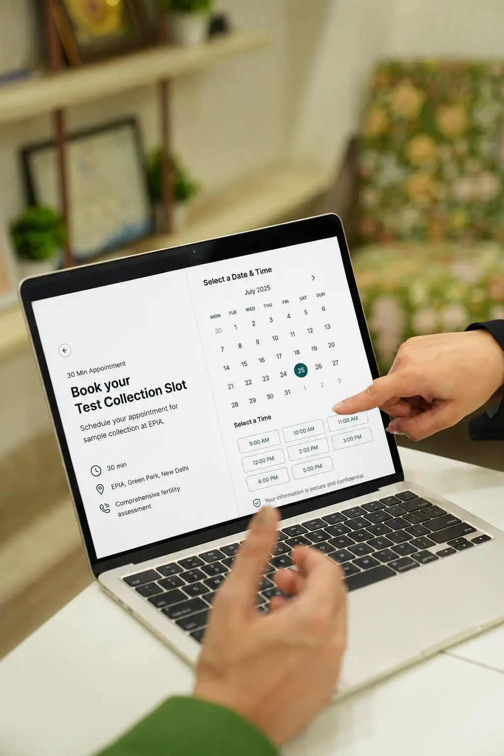 Online booking screen showing test selection and appointment scheduling.