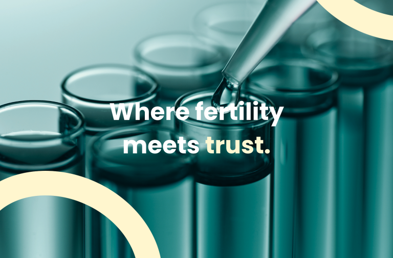 Close-up of lab pipette and test tubes with text “Where fertility meets trust.”