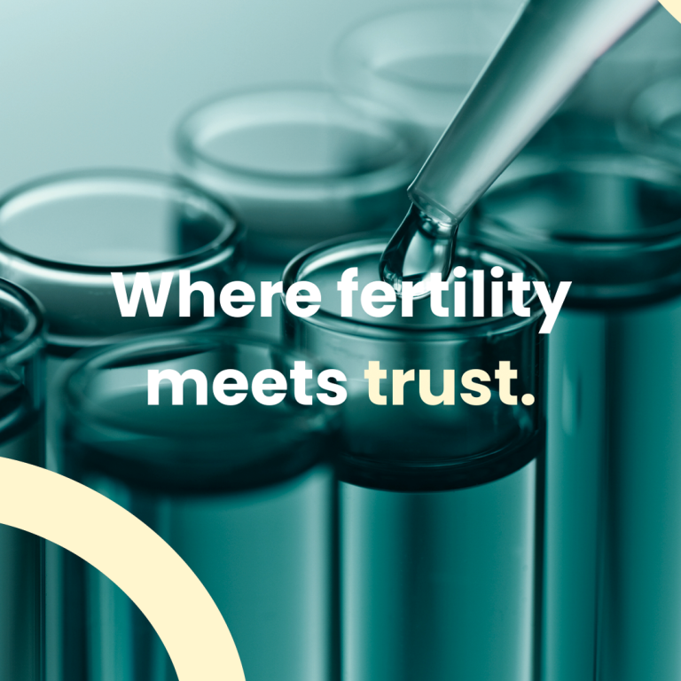 Close-up of lab pipette and test tubes with text “Where fertility meets trust.”